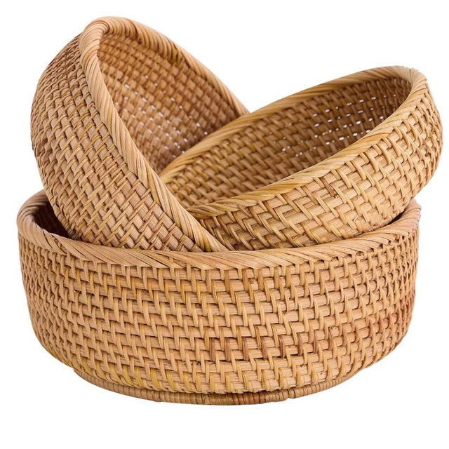 Hand-Woven Stackable Rattan Basket, Set of 3, Fruit Bread Serving Bowls, for Farmhouse Kitchen Storage & Decor