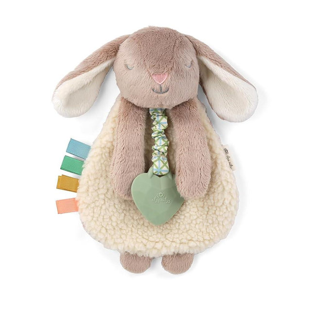 Itzy Ritzy - Itzy Lovey Including Teether - Baby Lovey with Teether, Textured Ribbons & Dangle Arms - Features Crinkle Sound, Sherpa Fabric and Minky Plush (Taupe Bunny)