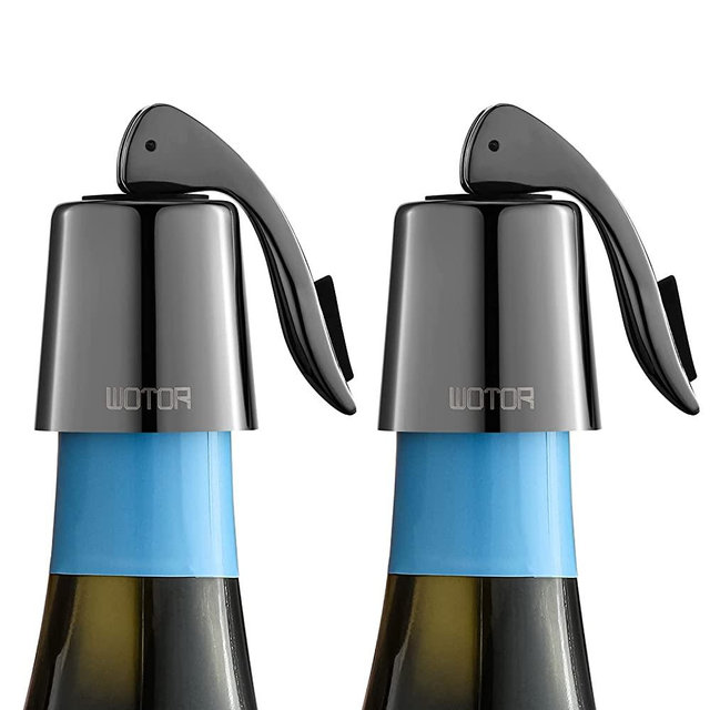 WOTOR Wine Stoppers Stainless Steel Wine Bottle stopper Plug with Silicone Reusable Wine Saver Leak proof Keep Fresh Metalblack 2 pack
