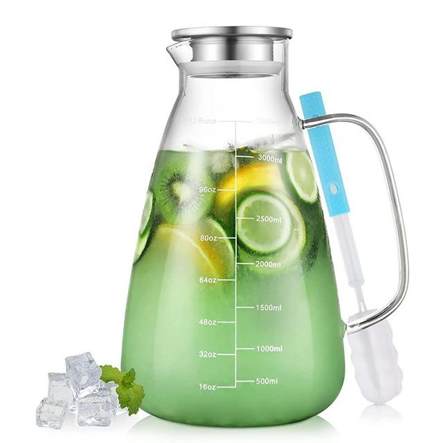Glass Pitcher with Lid, 112.6oz Glass Water Pitcher with Precise Scale Line, WELLCHE 18/8 Stainless Steel Iced Tea Pitcher, Easy Clean Heat Resistant Borosilicate Glass for Milk, Cold&Hot Beverages