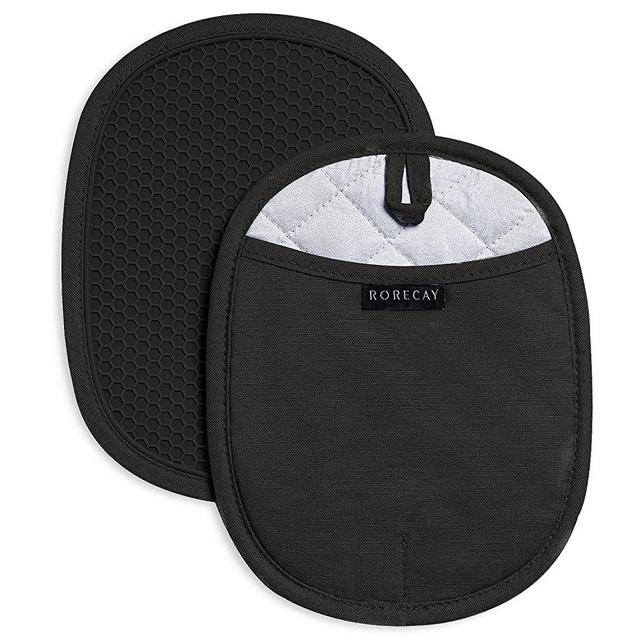 Rorecay Silicone Pot Holders Sets: Heat Resistant Oven Hot Pads with Pockets Non Slip Grip Large Potholders for Kitchen Baking Cooking | Quilted Liner | 9.8 x 7.6 Inches (Black, 2)