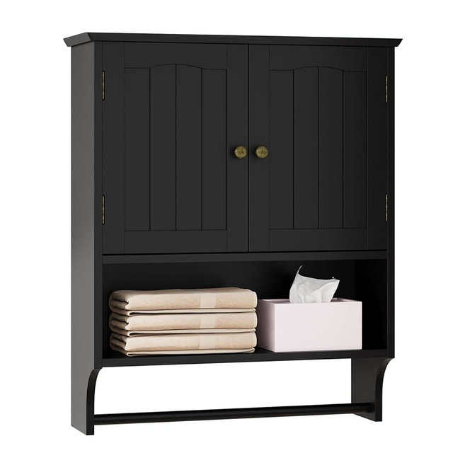 Mino Kesper Black Bathroom Wall Cabinet with Towel Bar, Over The Toilet Wall Storage Cabinet with Doors and Shelves, Bathroom Wall Mounted Storage Cabinet