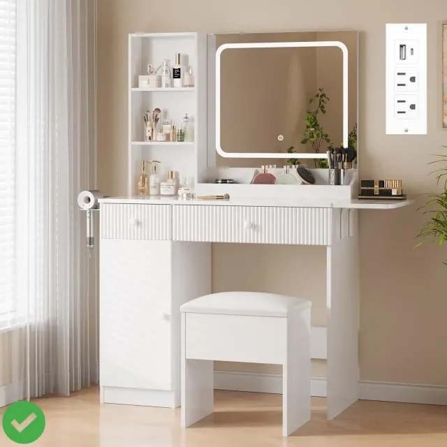 Fluted Makeup Vanity Desk with Mirror & Lights Vanity Table with Storage Stool Power Outlet 2 Drawers Large Cabinet