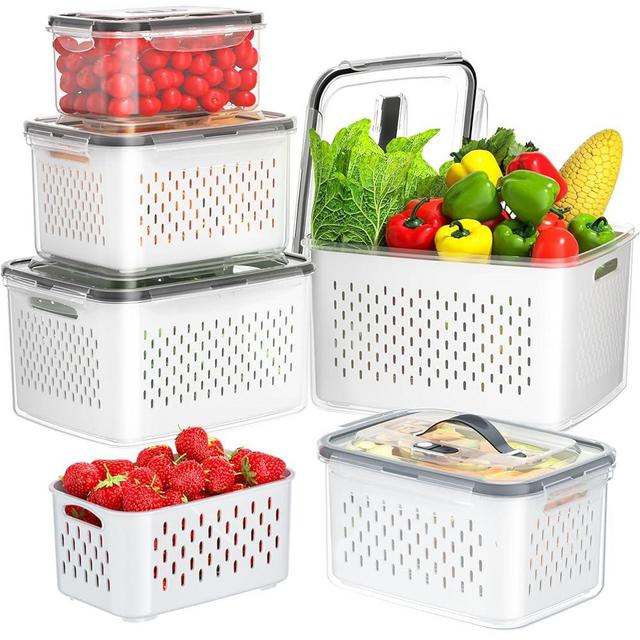 JSCARES 5-Pack Fruit-Storage-Containers for Fridge with Colander, Airtight Food Storage Containers with Lids & Handle, Produce Storage Bins Set for Refrigerator for Salad Berry Lettuce Vegetables Meat