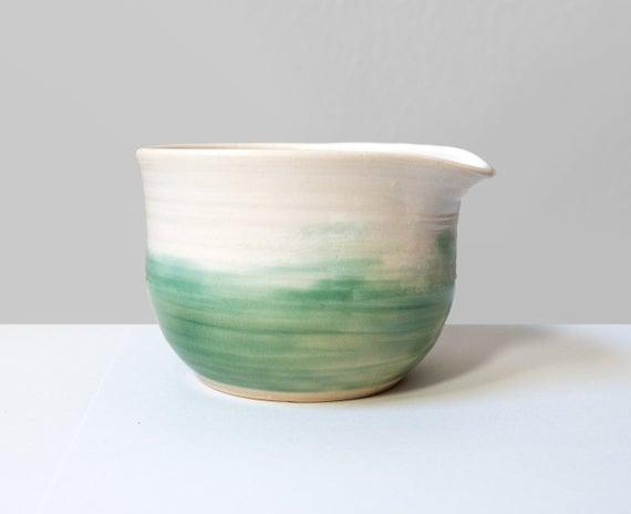 Green Small Porcelain Matcha Bowl with Spout - Japanese Chawan - Ceramic Green and White Bowl - Modern Handmade Tea Bowl
