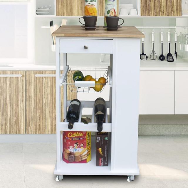 Huedimboene Kitchen Island with Storage, Rolling Kitchen Island on Wheels with Wooden Top, 3 Open Spice Rack Shelf, Wine Rack Shelf, Basket, Drawer, Kitchen Cart Island Table for Kitchen, White