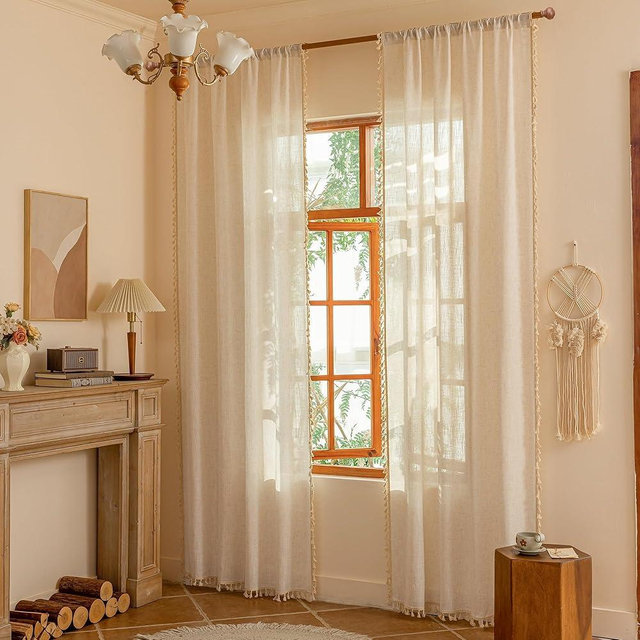 MYSKY HOME Linen Tassels Curtains for Living Room Bedroom, Semi Sheer Drapes 84 inches Length Farmhouse Boho Style Back Tab Macrame Drapes for Sliding Glass Door, Linen, 50" W×84" L, 2 Panels
