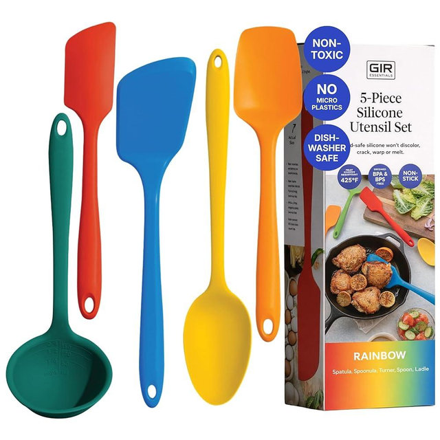 GIR 5-Piece Silicone Kitchen Utensils Set, Non-Toxic Cooking Utensils for Cooking and Baking, Heat Resistant, Food Grade, Dishwasher Safe Rubber Spatula, Ladle, Spoon - Rainbow