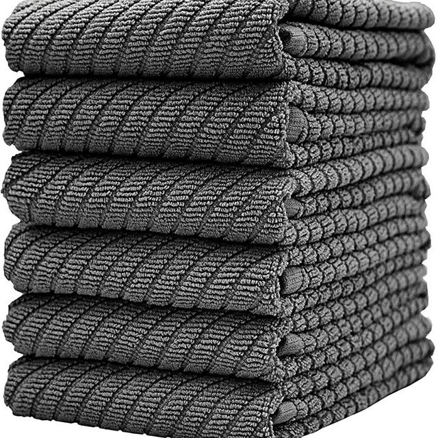 Premium Kitchen Towels (16”x 25”, 6 Pack) – Large Cotton Kitchen Hand Towels – Diagonal Weave Design – 445 GSM Highly Absorbent Tea Towels Set with Hanging Loop (Grey)