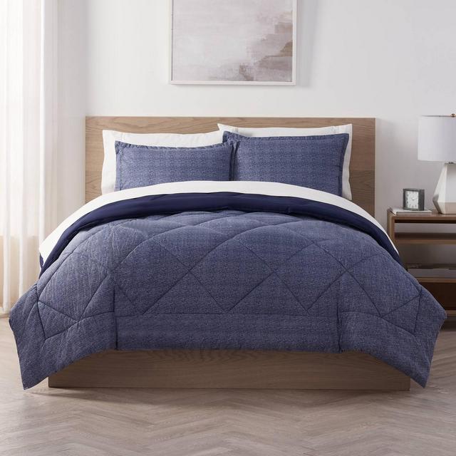 7pc Queen Supersoft Bed in a Bag Reversible Comforter Set Navy - Serta