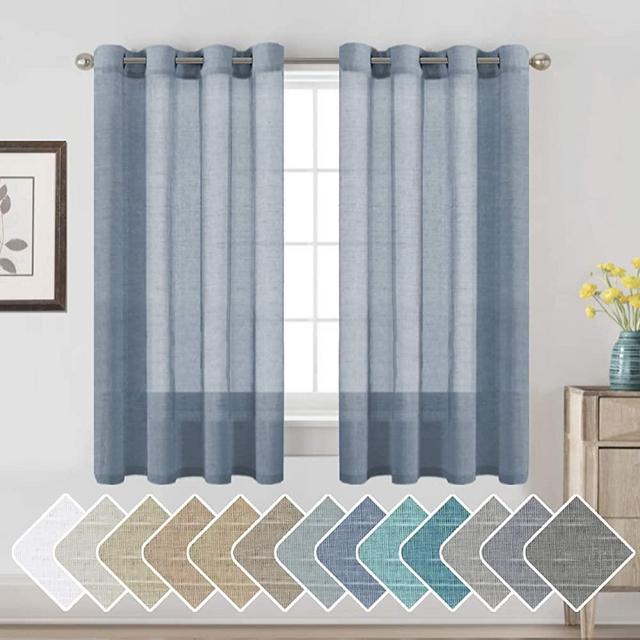 Sheer Linen Kitchen Curtains - 63 Inches Long Bedroom Window Treatments for Living Room / Rich Linen Curtain Panels and Drapes, Classic Nickel Grommet Curtains, Denim, 52 by 63 Inch, 2 Panels