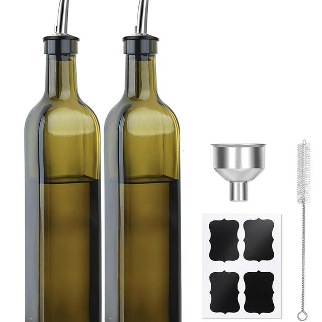 TFPOGOLD 2-Pack Olive Oil Dispenser Bottle Set - 17oz/500ml Dark Green Glass Oil and Vinegar Bottles for Kitchen, Includes 2 Stainless Steel Pourers, Funnel, Brush & 4 Chalkboard Labels