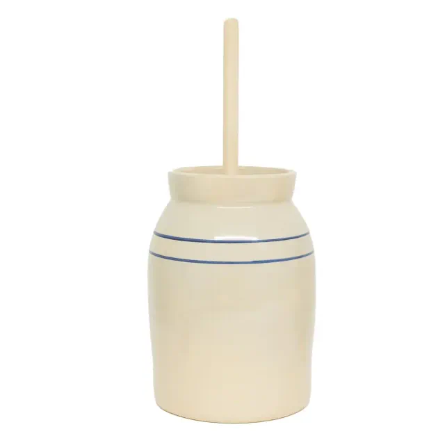 Martinez Pottery Butter Churn, Hand-Turned Stoneware Dasher-Style Churn, Natural Stone Color with Blue Stripes, 3 Gallon