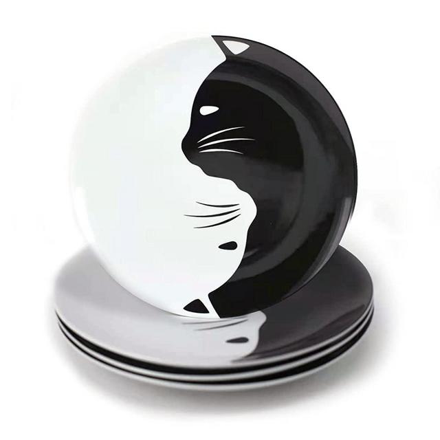 Black and White Cat Porcelain Plate Set , Best Gift For Cat Lover (8-inch salad plate set)