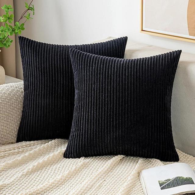 EMEMA Throw Pillow Covers Corduroy Decorative Soft Striped Square Cushion Covers Spring Pillowcases for Couch Sofa Bedroom Chair Car 16x16 Inch Pack of 2, Black