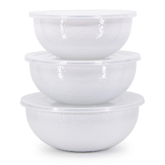 Golden Rabbit Enamel Mixing Bowls, Set of 3, White