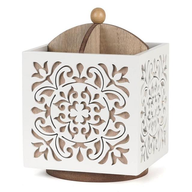 AHUONEL Rotating Utensil Holder for Kitchen Counter, Wood Utensil Organizer Silverware Organizer Rustic Cutlery Holder Utensil Crock, White Flatware Organizer Utensil Caddy for Forks, Spoons, Knives