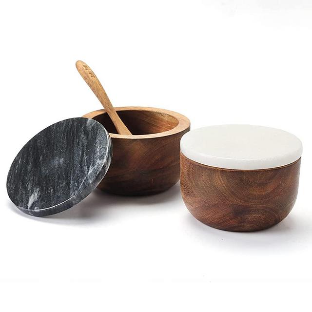 jalz jalz Salt and Pepper Cellar Salt Box Set with spoon Wood Base with Marble Cover
