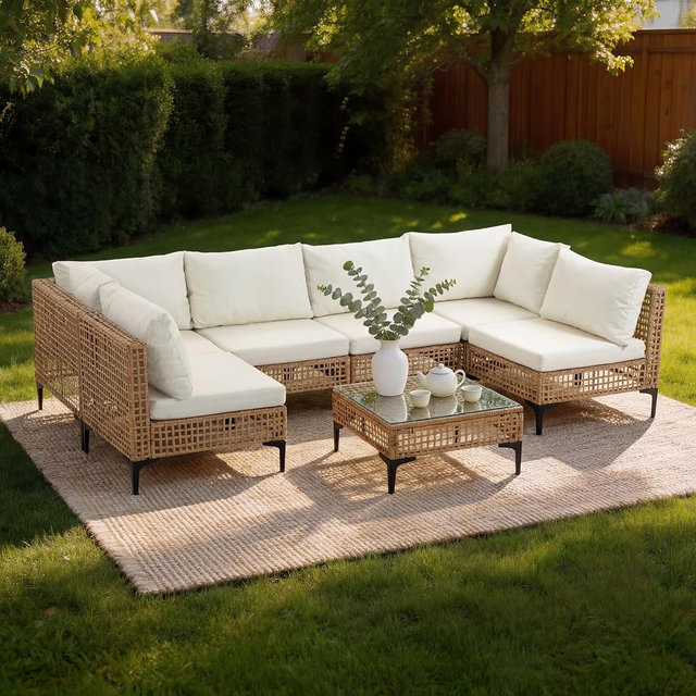 WiNVO 7 PCs Outdoor Patio Furniture All Weather Wicker Rattan Sectional Conversation Sofa Set w/Water Resistant Cushions, Coffee Table for Paito, Lawn, Garden, Beige
