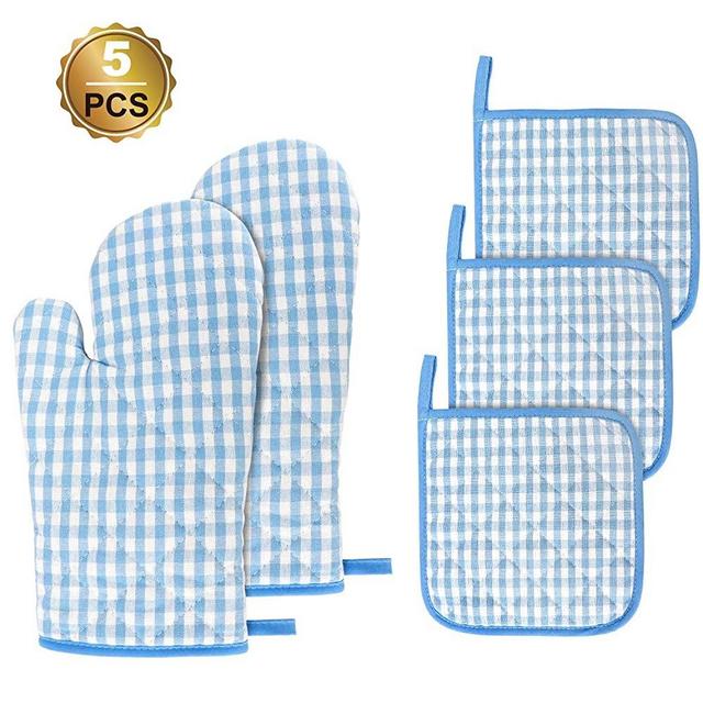 Jennice House Kitchen Oven Mitt and Pot Holders, 5 pcs Heat Resistant Vintage Cotton Gingham Oven Mitts and Potholders Hot Pads Mats Coasters Set for Cooking Baking (Blue Set)