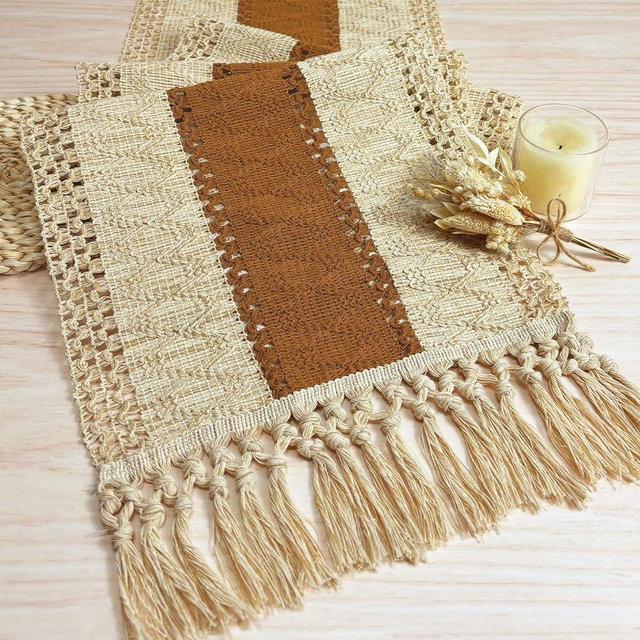 FEXIA Boho Table Runner 72 Inches Long Macrame Table Runner Farmhouse Style Table Runner with Tassels for Party Bohemian Rustic Wedding Bridal Shower Dining Decor Middle Brown (12x72 Inches)