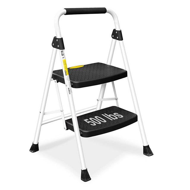 2 Step Ladder, SocTone Folding Step Stool for Adults & Kids, with Handle, Wide Anti-Slip Pedal, Lightweight, Multi-Use for Household and Kitchen, 500lbs Capacity Small Step Stool, White