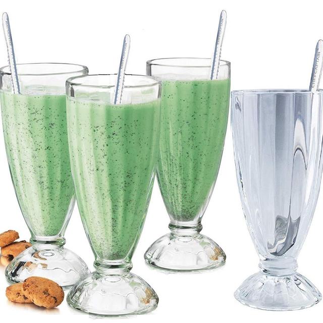 Fountain Shoppe Classic, Milk Shake, Ice Cream Soda Glass, 12-Ounce, Clear With Long Stainless Steel Spoons 4 PACK By Chefcaptain (4 Glaases 4 Long Spoons)