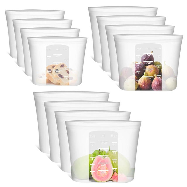 12-Pack Reusable Silicone Food Storage Bags, 100% Silicone Stand-Up Wide-Open Zip-Lock Reusable Storage Bags for Food, Freezer Microwave Oven Dishwasher Safe, Translucent, 4L 4M 4S