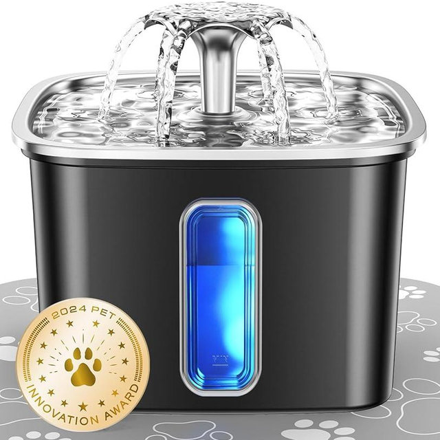 Veken Innovation Award Winner Stainless Steel Cat Water Fountain, 108oz/3.2L Automatic Pet Fountain Dog Water Dispenser with Replacement Filters & Silicone Mat for Cats, Dogs (Space Black)