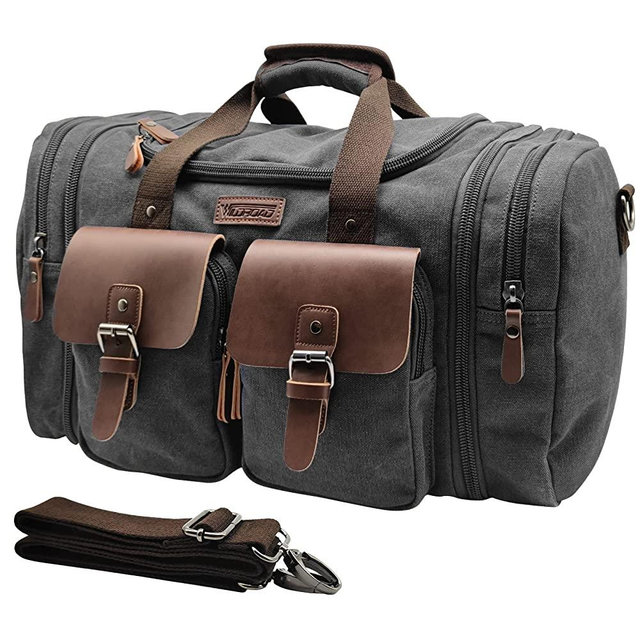 Wildroad 50L Travel Duffel Bag, Expandable Canvas Genuine Leather Duffle Bag Upgraded Overnight Weekender Bag Carry on Bag (Black)