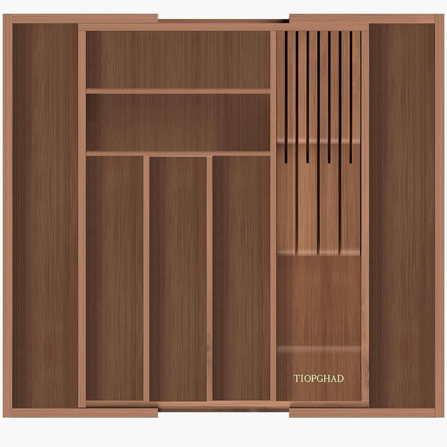 TIOPGHAD Bamboo-Silverware-Drawer-Organizer-Kitchen, Expandable Utensil Holder Cutlery Tray Flatware Organization Adjustable Wood Tableware Dividers Storage (with Removable Knife Block)(Brown)