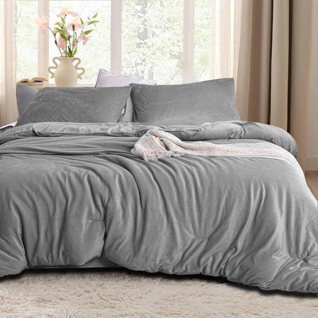 NANKO Flannel Queen Size Comforter Set 3pc, Grey Velvet Micromink Sherpa Ultra-Soft Luxury Down Alternative Bedding, All Season Duvet and 2 Pillowcase Bed Sets in a bag for Women Men, 88x90 Gray Plush