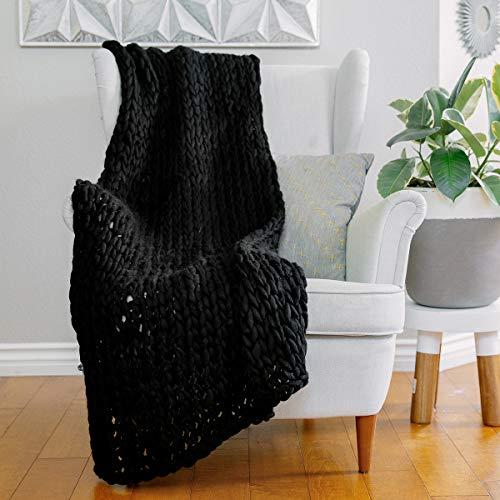 AVAFORT Hand-Made Luxury Knit Chunky Throw Blanket Premium Boho Home Decor Soft Warm Cozy Blanket for Bedroom Bed Chair Couch (Black, 47''x59'')