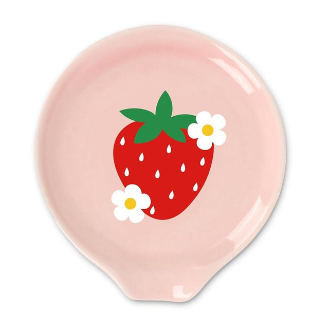JarThenaAMCS 4.7inch Summer Strawberry Ceramic Spoon Rest Pink Red Strawberry Flower Small Coffee Spoon Holder for Stirrers Teaspoon Bar Coffee Station Accessories