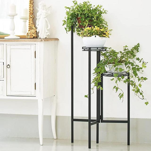 3 Tier Tall Metal Plant Stand 38 Inch High Flower Pot Holder Stand, Y&M Modern Indoor Plant Stand with 3 Metal Trays for Garden Outdoor Black