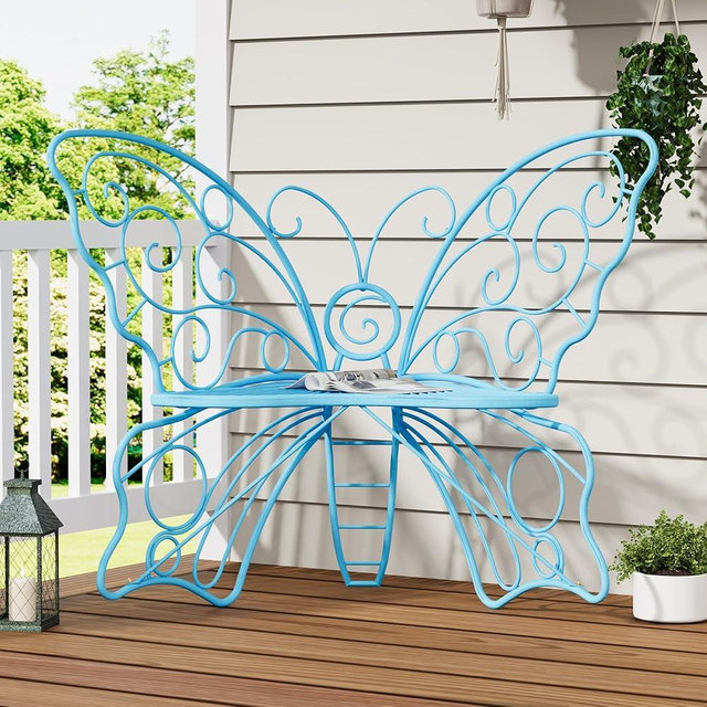 Decoccino 49 Inch Outdoor Bench, Blue Garden Bench with Metal Frame, Weatherproof Butterfly Front Porch Benches for Lawn, Garden, Yard, Balcony