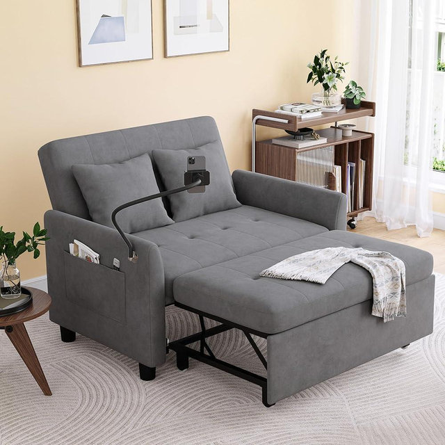 AYEASY Sleeper Sofa Bed, 3 in 1 Convertible Sleeper Couch Bed Pull Out, Small Loveseat Sofa, Futon Sofa Bed Full Size, 46" Velvet Love Seat with Pillow and Phone Holder for Living Room, Grey