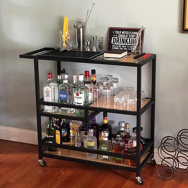 Womio Industrial Rolling Bar Carts for The Home,Kitchen Carts on Wheels, Serving Cart with Wheels,Small Portable Kitchen Island,Wine/Liquor/Tea/Beverage Cart,Butcher Block Table Coffee Cart Station