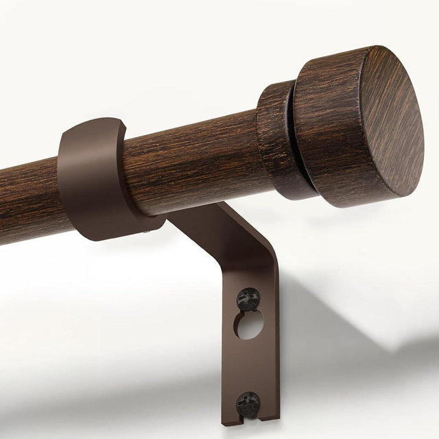 Deep Walnut Wood Grain Curtain Rods for Windows 48 to 84 Inches 1" Diameter Heavy Duty Window Curtain Rod Adjustable with Solid Finials for Living Room Bedroom Kitchen Farmhouse Outdoor