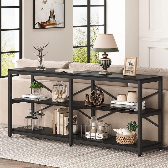 Tribesigns 70.9 Inch Extra Long Console Table, Modern Sofa Table Behind Couch Table with Storage Shelves, 3-Tier Industrial Hallway Entryway Table for Living Room, 3 Shelf Open Bookshelf(Black)
