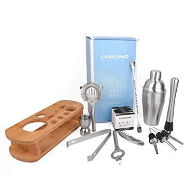 Cocktail Shaker Bar Set by Cresimo - Brushed Stainless Steel 12 Piece Professional Bar Tool Kit for the Home - Includes Martini Shaker, Muddler, Jigger, Bamboo Wood Stand and More!