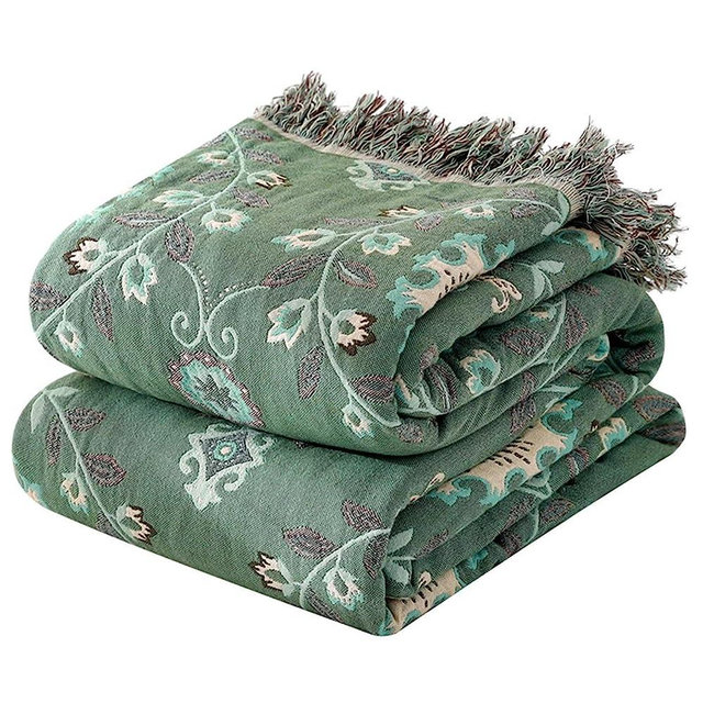 MSGKV Boho Throw Blanket for Couch Bed 100% Cotton Blankets Woven Blanket Green Blanket, Versatile Blanket Double Sided, Super Soft Blanket Warm Blanket 60''x 80''