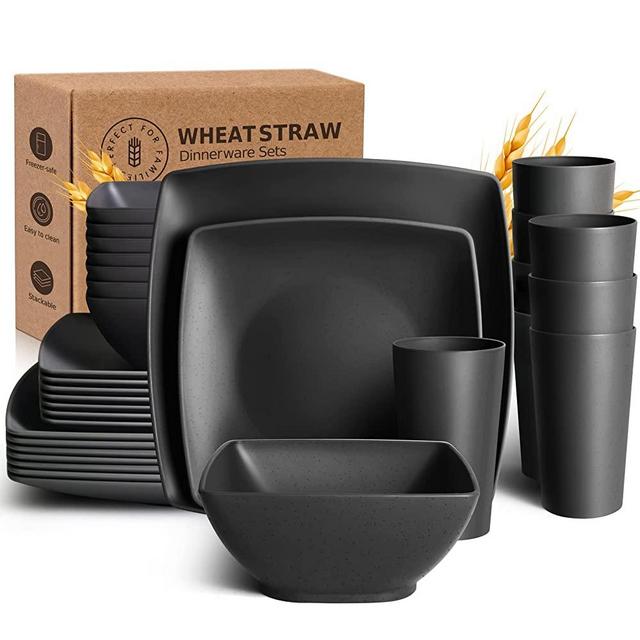 Teivio 32-piece Wheat Straw Square Dinnerware Set for 8, Unbreakable Dinner Plates, Salad Plates, Snack Bowls, Tumblers 20 oz, Dishwasher Safe, Black