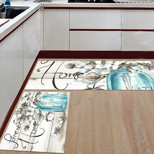 2 Pieces Non-Slip Wooden Plank Kitchen/Bath Rug Runner Mat, Super Absorbent Rugs, Washable Carpet Kitchen Mats 15.7x23.6inch+15.7x47.2inch, Forever Home Mason Jar Floral