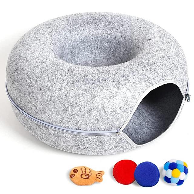 Cat Tunnel Bed for Indoor Cats with 4 Toys, Scratch Resistant Detachable and Washable Large Donut Cat Bed, Available in All Seasons
