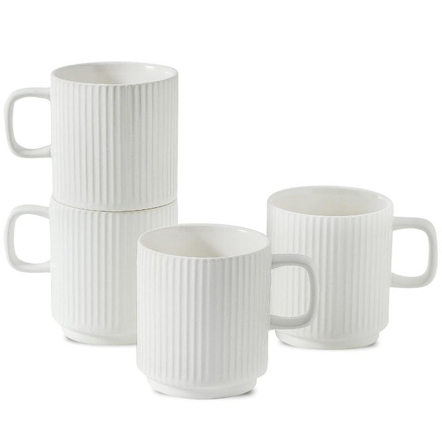 Seyatoo Ceramic Coffee Mugs Set of 4, Ribbed Tea Coffee Cups Set with Handle, Large Porcelain Mug for Americano, Latte, Cappuccino, Hot Chocolate, White