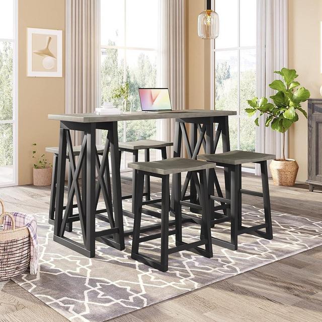 Polibi Rustic 5-Piece Counter Height Dining Table Set with 4 Stools and Footrests, Wood Console Table Set with 4 Stools for Small Places, Grey