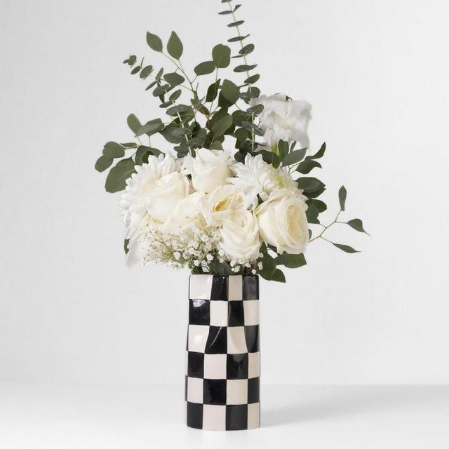 Reimagine Discovery Small Checkered Vase, Modern Home Decor, Decorative Ceramic Flower Vase, Aesthetic Black & White Room Decor for Office, Bedroom, Living Room (8” Tall)