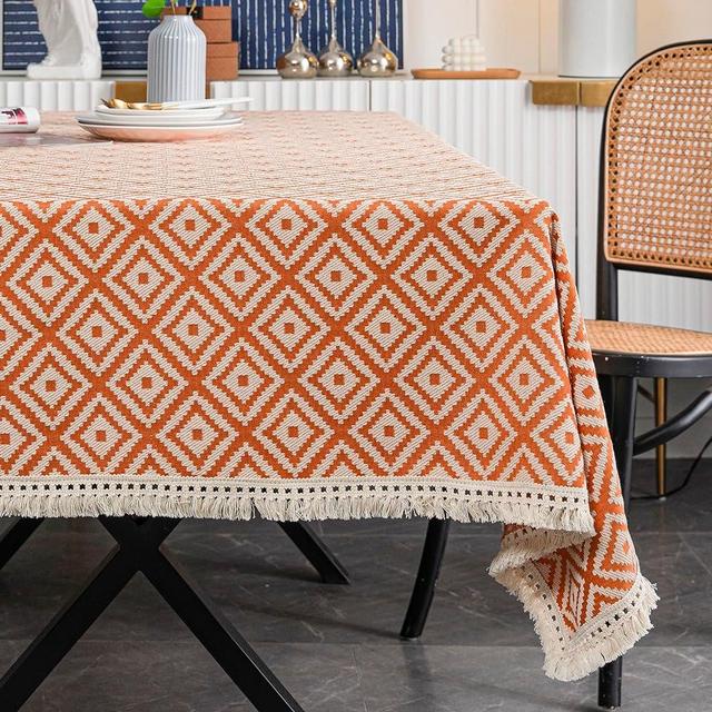 Neelvin Rectangle Tablecloths Thick Knitted Embroidery Textured Tassel Cotton Linen Wrinkle Free Decorative Oblong Table Cover for Kitchen Dining,55"x55",4 Seats