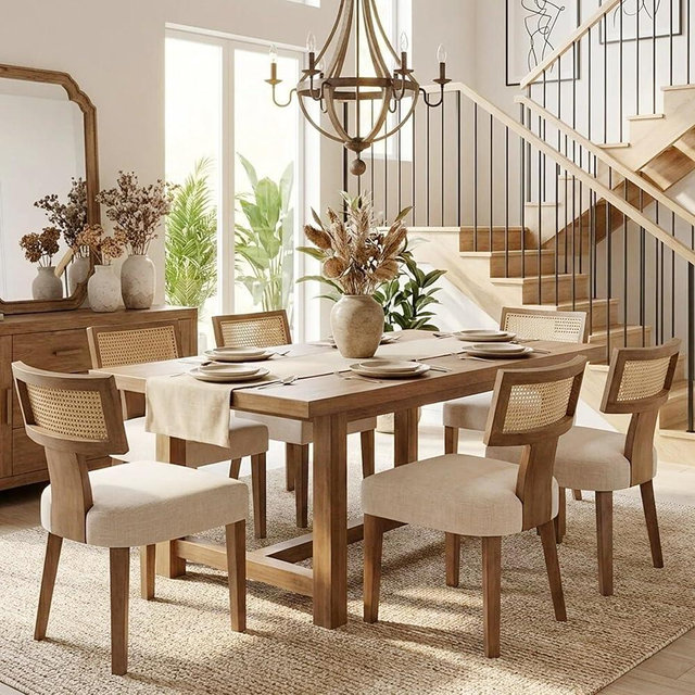 HNY Mid Century Modern Rattan Dining Chairs Set of 6, Farmhouse Linen Upholstered Accent Chair Curved Backrest Kitchen Chairs, with Hardwood Frame, Beige
